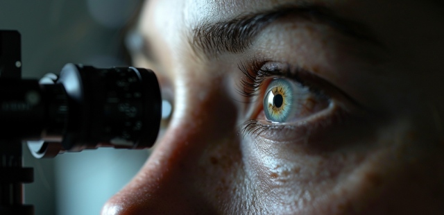 Mulher numa consulta oftalmológica para detetar erros refrativos