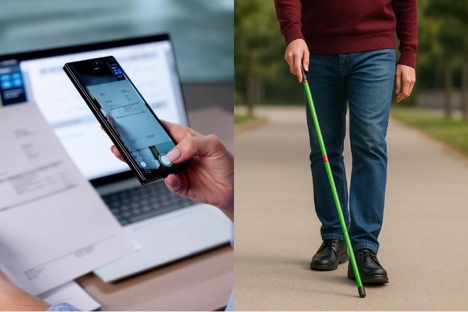 Imagen dividida en dos. Una mitad contiene un sistema de detección de texto OCR en un movil y la otra una persona paseando con un bastón verde de baja visión.