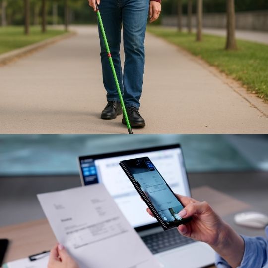 Imagen dividida en dos. Una mitad contiene un sistema de detección de texto OCR en un movil y la otra una persona paseando con un bastón verde de baja visión.
