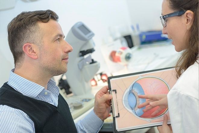 Oftalmologista a explicar a um homem o que é a tensão ocular